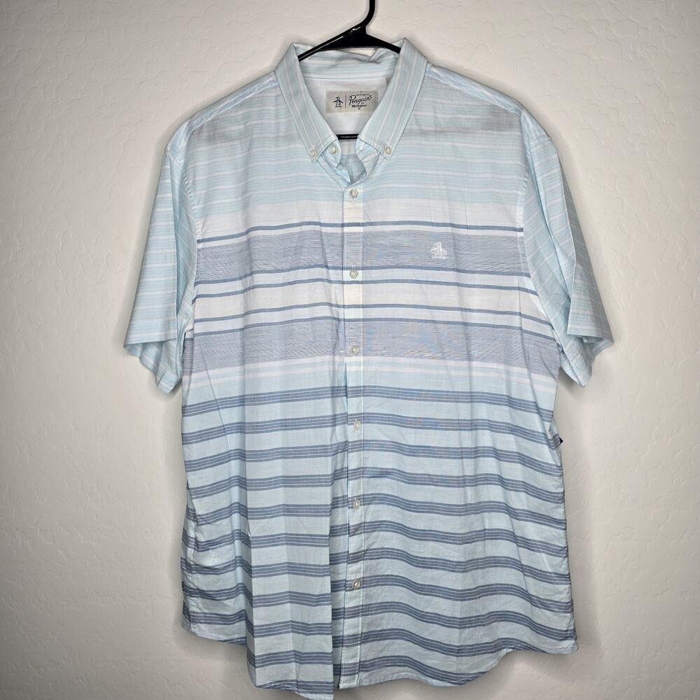 penguin button up shirt xl Short Sleeve White Blue Striped